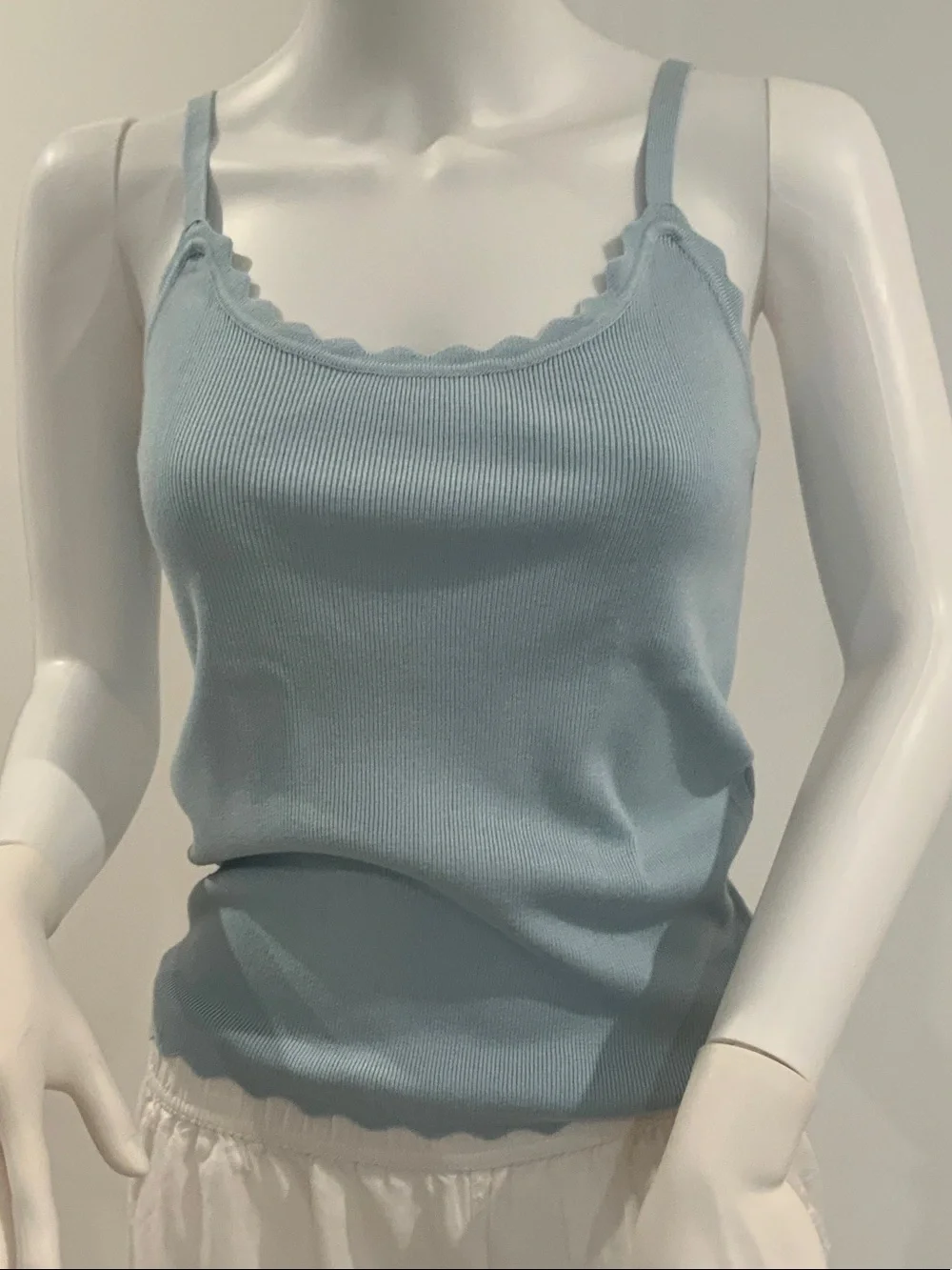 Light Blue Ribbed Scallop Trim Tank Top